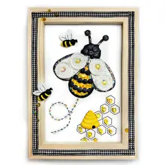 Buttons Galore & More DIY Bumble Bee Frame Craft Kit, Natural Wood Frame with Black Gingham Trim, Button Art, Honeycomb Design, Wall Decor, 5x7 Inches