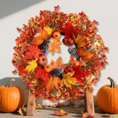 Fall Wreath with Pumpkin Maple Leaves Pine Cone Berries