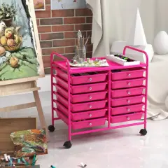 12 Removable Drawers Rolling Storage Cart with 4 Universal Wheels and Metal Frame Hot Pink