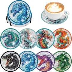 8 Pieces Dragon Diamond Coasters Kits with Holder DIY 3D Dragon Diamond Art Coaster Non Slip Coaster for Adults Diamond Kits Supplies for Christmas Gift