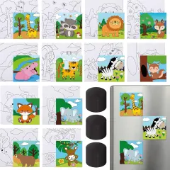 48 Pcs Pre Printed Canvas 4 x 4 Inch Kids Painting Canvas Panels Mini Pre Drawn Animal Canvas with 48 Pcs Bulk Magnets for Kids Student