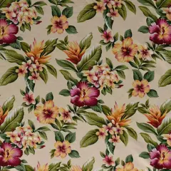 1 Yard Plumeria Hibiscus Banana Leaf Fabric, 100% Cotton Upholstery Fabrication, 56-58 inches Wide Beige