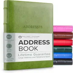 Gallery Leather Large Address Book with Alphabetical Tabs up to 480 records, Leather Notebook Hardcover, Telephone and Address Books - 9x7, Acadia Lime