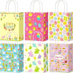 24 Pieces Easter Gift Bags Bulk, Easter Party Bags Supplies, Easter Paper Bags with Handles, Bunny Paper Cookie Candy Treat Goodie Bags for Easter Kids Boys Girls Birthday Party Favors Gift Wrapping