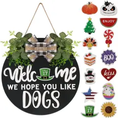 Interchangeable Wooden Seasonal Welcome Sign, Rustic Round Dogs Sign Front Door Wreaths