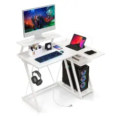 Costway L Shaped Gaming Desk with Outlets & USB Ports Monitor Shelf Headphone Hook Black/White/Pink