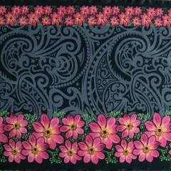 1 Yard Traditional Polynesian Tattoo Daisy Double Border Fabric, Peach Skin Polyester 44/45" Width Gray