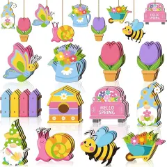 36 Pieces Spring Flower Ornaments Spring Tree Ornaments Easter Wood Tulip Hanging Decorations Wooden Gnome Decorations for Home Colorful Flower Decor for Small Tree DIY Craft(Bee)