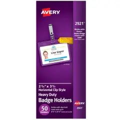 Avery Heavy Duty Badge Holders, 2.25" x 3.5", 50 Horizontal Name Badge Holders with Clips (2921)