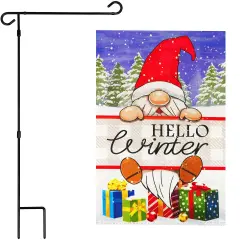 G128 Combo Pack: Garden Flag Stand 36x16IN & Garden Flag Hello Winter Gnome Gifts Printed 12x18IN Double Sided
