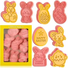 Easter Cookie Cutters Set, 8 Pcs Cookie Cutter with Plunger Stamps, 3D Cookie Stamps for Easter Biscuit Snacks Cheese Baking