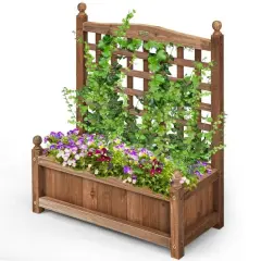 Dark Brown Fir Wood Outdoor Planter with Trellis Large Flower Box for Garden Balcony Yard