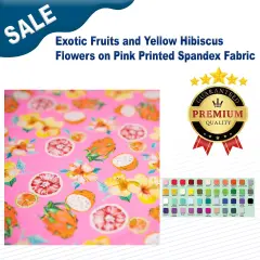 Exotic Fruits and Yellow Hibiscus Flowers on Pink Printed Spandex Fabric