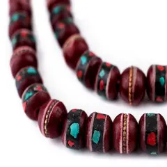 The Bead Chest Crimson Red InlaidBone Mala Beads 10mm Nepal Round Large Hole 31 Inch Strand