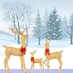 Oversized Twisted Rattan Deer Set in Champagne for Outdoor Christmas Decor 63" + 52" + 37"