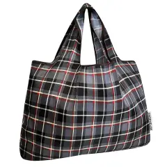 Wrapables Large Foldable Tote Nylon Reusable Grocery Bags, Black Plaid