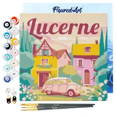 Figured'Art Mini Paint by Numbers Kit for Adults with Frame Travel Poster Lucerne Small format 8"x8" - Craft Art Painting DIY Canvas Already Stretched on a Wooden Frame
