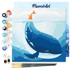 Figured'Art Mini Paint by Numbers Kit for Adults with Frame Blue Whale Small format 8"x8" - Craft Art Painting DIY Canvas Already Stretched on a Wooden Frame