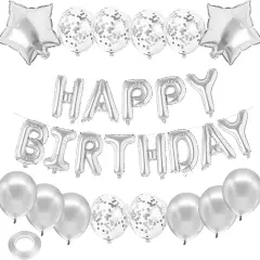 Birthday Party Decorations, Silver Set 15pcs - Happy Birthday Banner, Heart Star Balloons, Foil Confetti Balloons
