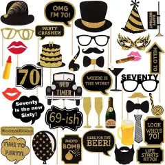 70th Birthday Photo Booth Props(41Pcs), 70 Fabulous Party Supplies, Gold and Black Birthday Favor Decorations