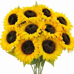 10 Pcs Summer Artificial Sunflowers with Long Stems &ndash; Bright Yellow Silk Sunflower Bouquets for Summer Weddings, Home, and Garden Decor