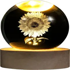 "Summer Tabletop Decor: 3D Laser Etched Sunflower Crystal Ball with Stand &ndash; 60mm Glass Sphere Lamp, Night Light, Sunflower Figurine, Glass Paperweight for Bright Seasonal Displays"