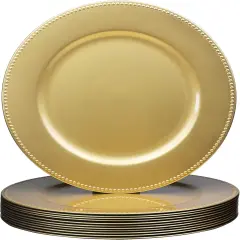 Set of 12 Gold Charger Plates with Beaded. 13" Reusable Plastic Table Chargers for Dinner Plates