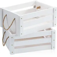 Farmhouse Crates for Storage and Display - Durable Wooden Box with Rope Handles, 2 Pack White Crates