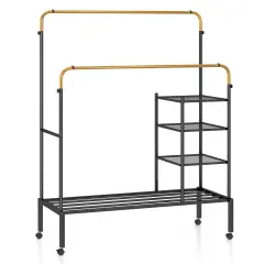 Adjustable Double Rod Clothes Drying Rack with 3-Tier Mesh Shelf Heavy Duty Steel Frame Golden