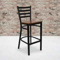 Emma and Oliver 2 Pack Ladder Back Metal Restaurant Barstool CherryWood/Black