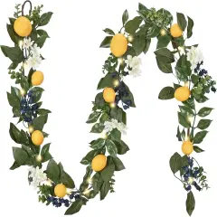 Spring Artificial Lemon Garland for Mantle with Lights, 6FT Summer Fake Fruit Garland Decoration for Stairs, Thin Faux Floral Greenery Vine for Table Centrepiece Farmhouse Home Decor