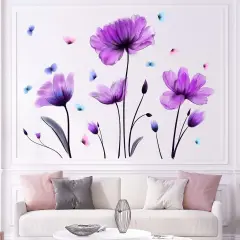 Flowers Wall Sticker Purple Floral Wall Decal Removable Butterfly Wall Stickers Self Adhesive Wall Mural for Nursery Bedroom Kids Room