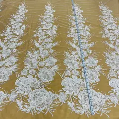1 Yard Beaded Lace Fabric with Embroidery on 100% Polyester Mesh Net, Elegant Craft & Apparel Fabric (52" Width) White