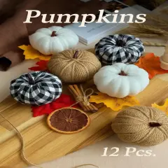 12 PCS Plaid & Burlap Faux Pumpkins &ndash; Small Fabric Foam Pumpkins in Black & White for Fall Decor, Thanksgiving, Halloween, Wedding & Farmhouse Decorations