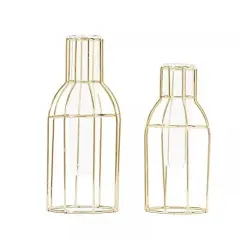 2 Gold Metal Geometric Bottles Clear Glass Tubes Flower Vase Holders