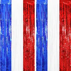 2 Pack Red White and Blue Tinsel Foil Fringe Curtains, 4th of July Decorations, Metallic Tinsel Party Streamers Backdrop for Patriotic, Memorial Day, Independence Day Party Decorations