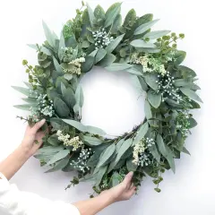 Eucalyptus Wreath 22" Large Artificial Greenery Outdoor/Indoor Wreath Spring/Summer Wreath Green Wreaths for Front Door Porch Window Wall Hanging Decor All Year Round Wreath（Green）