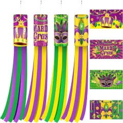 4 Pcs Mardi Gras Wind Sock,41.3 Inch Mardi Gras Spinners Windsock,Purple Yellow Green Decor Windsock for Home Yard Party Mardi Gras Outdoor Decoration