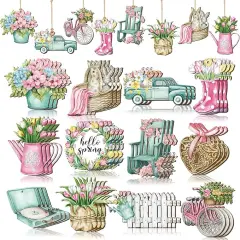 36 Pcs Spring Ornaments for Tree Wooden Flower Ornaments Daisy Tulip Watercolor Floral Hanging Decor Wood Pastel Spring Decor for Home Small Tree Party(Vibrant)
