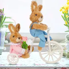 Easter Tabletop Decorations Plush Bunny Couple, 9.8" (L) x 11" (H) Easter Rabbits Ride a Bike, Cute Animal Figurine for Girls' Gift, Easter Basket Filler Spring Home Kitchen Room Ornament