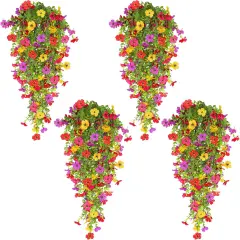 Artificial Flowers for Outdoors Fake Hanging Plants, 4PCS UV Resistant Faux Plastic Greenery Hanging Flowers for Outside Gardens Porch Wall Home Indoor Decor (Mixed Color)