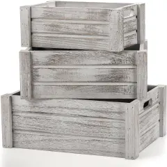 3 Pack Wood Crates with Handles, Rustic Nesting Storage Container Box Decorative Wooden Basket Bins for Fruit, Vegetable, Home, Laundry, Farmhouse, 3 Sizes