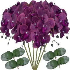 6 Pcs Artificial Phalaenopsis Flowers with 4 Bundles Leaves Artificial Orchid Flowers Stem Plants for Home D&eacute;cor (Purple Piebald)
