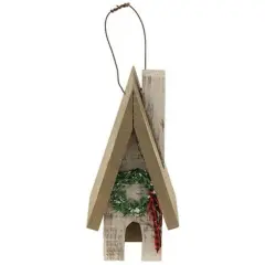 Rustic Wooden Town House Ornament with Snowy Wreath for Holiday Decor