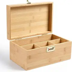 Bamboo Storage Box, 13.8" x 8" x 6" Extra Large Wooden Storgae Organizer with Combination Lock, Versatile Storage Contaniers with Adjustable Compartments for Home Office Jewelry Keepsakes