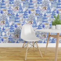 Peel & Stick Wallpaper 2FT Wide Pagoda Forest Chinese Chinoiserie Lanterns Leopard Blue White Toile Cobalt Asian Trending Custom Removable Wallpaper by Spoonflower