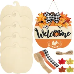 5 Pieces 11.6 Inch Thanksgiving Unfinished Wood Pumpkin Cutout with 80Pcs Fake Maple Leaves