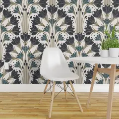 Non-Pasted Wallpaper 2FT Wide Block Print Floral Green Black Beige Abstract Geometric Flowers Bold Elegant Bohemian Traditional Wallpaper by Spoonflower