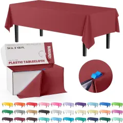 Exquisite Party Solids 54" x 100' Plastic Table Cover Roll with Slide Cutter &ndash; Cut-to-Size Dispenser Box &ndash; Makes Up to 36 Disposable 8' Rectangle Tablecloths Burgundy