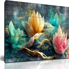 Summer Lotus Flower Wall Art for Living Room, Floral Canvas Wall Decor for Bedroom, Teal Vintage Print Painting, Colorful Artwork for Home, Aesthetic Picture Decoration, Size 40x20